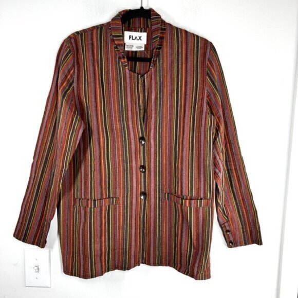 Flax Womens Rainbow Striped Shirt Jacket Petite 100% Cotton Button Front - Picture 1 of 8